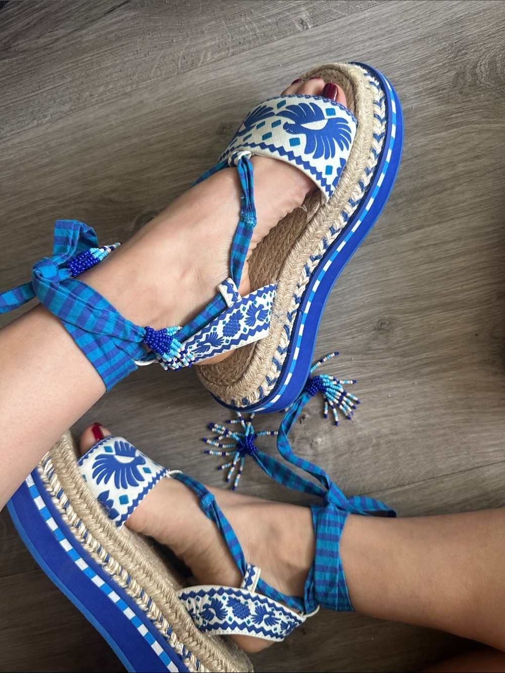 FARM Rio Blue and White Patterned Espadrille Platform Sandals